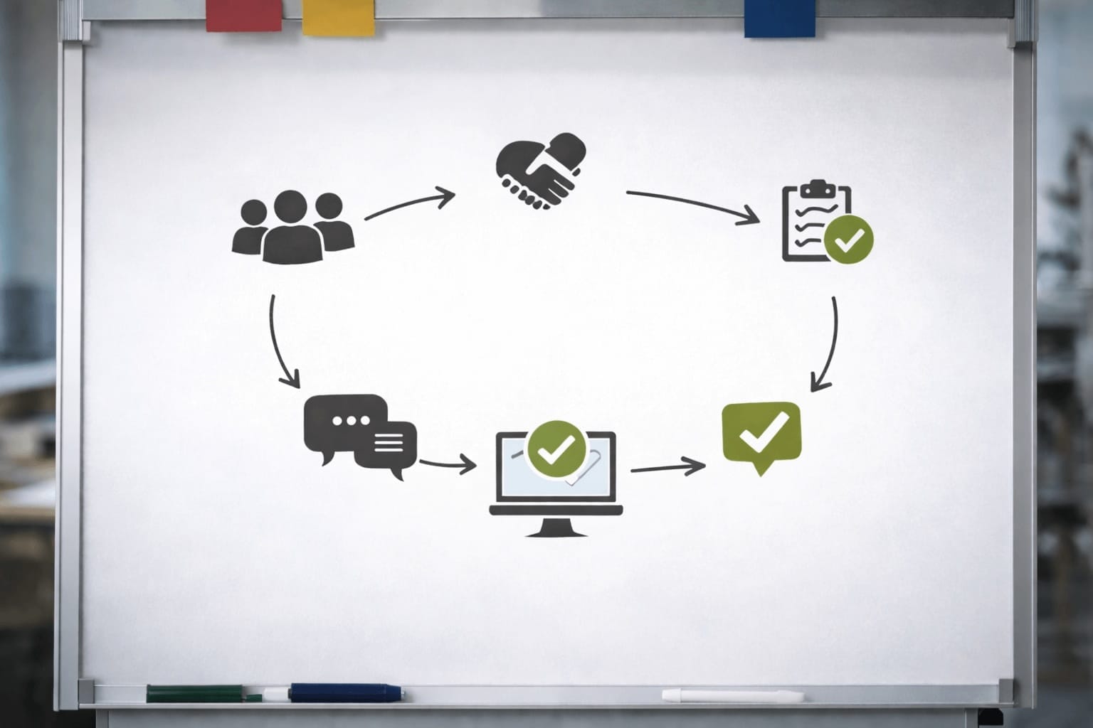 Sciezka decyzji klienta w B2B – etapy procesu sprzedazy przedstawione ikonami