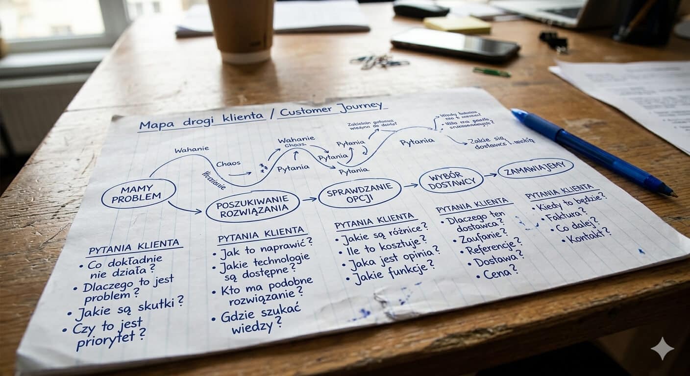Ręcznie narysowana mapa drogi klienta (customer journey map) na kartce papieru, pokazująca etapy od problemu do zamówienia z dopisanymi pytaniami klienta. Widok na biurku z długopisem.