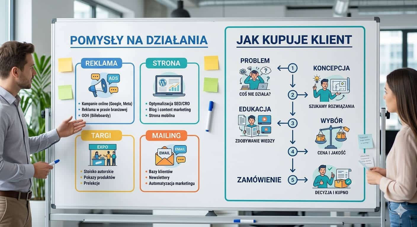 Infografika porównująca pomysły marketingowe firmy po lewej stronie z rzeczywistą ścieżką zakupu klienta B2B po prawej stronie, obejmującą etapy: problem, koncepcja, edukacja, wybór, zamówienie.