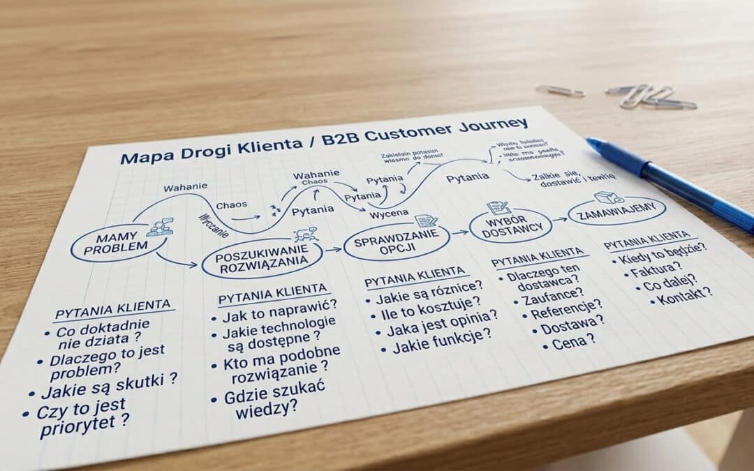 Zdjęcie wyróżniające przedstawiające roboczą mapę drogi klienta B2B na biurku. Schemat pokazuje etapy od problemu do zamówienia wraz z kluczowymi pytaniami klienta, idealnie ilustrując audyt marketingu i procesu sprzedaży.