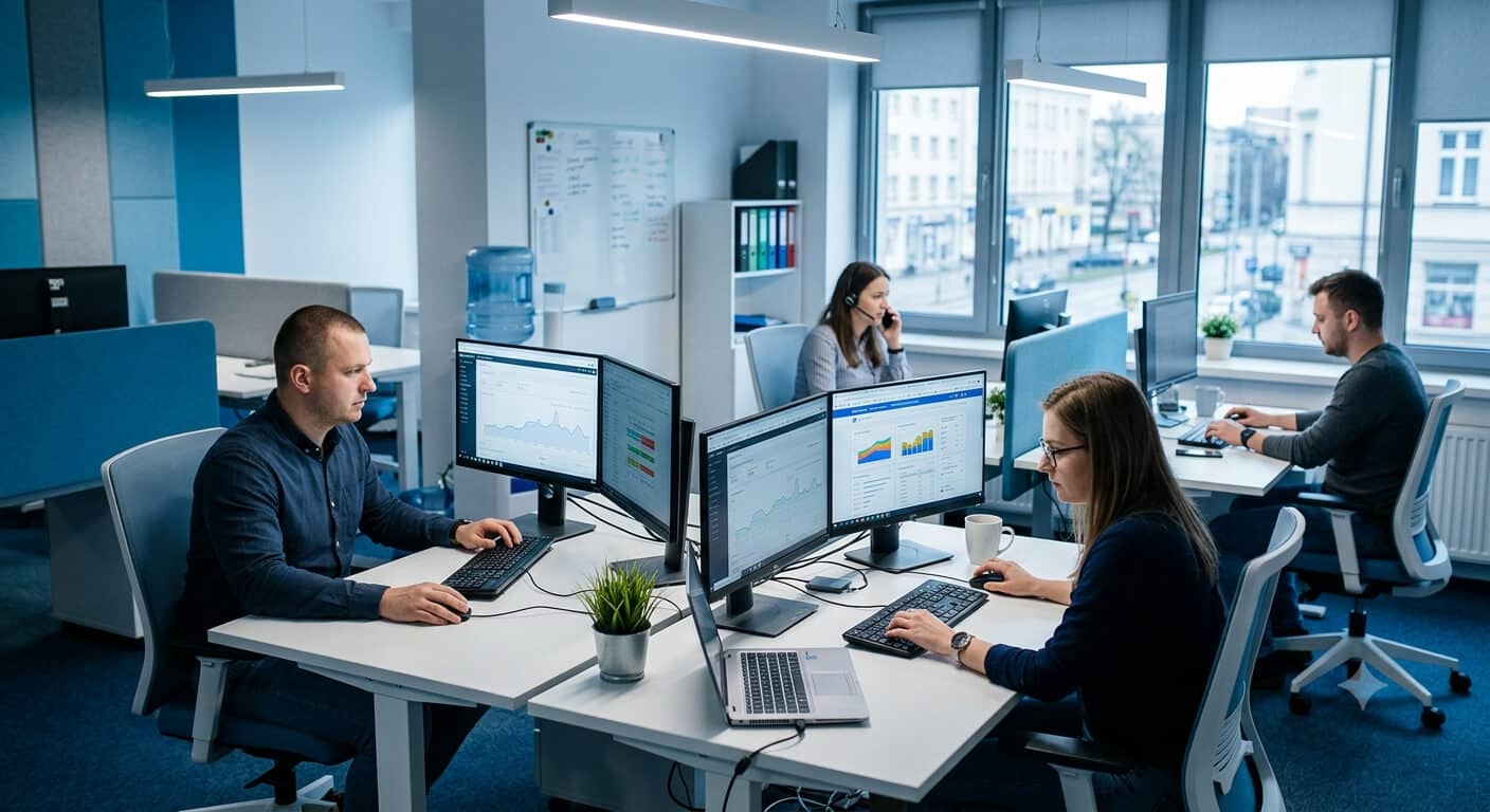 Zespół agencji marketingowej pracujący nad kampaniami przy komputerach