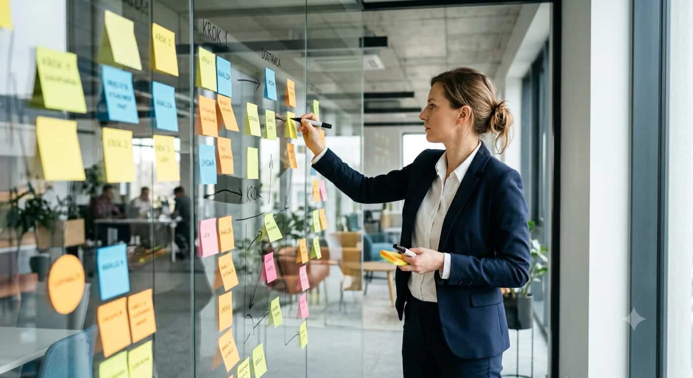 Osoba widoczna z boku podczas układania kolorowych karteczek post-it na szklanej tablicy, tworząca strategiczną mapę i kafelki ścieżki zakupowej klienta w biurze