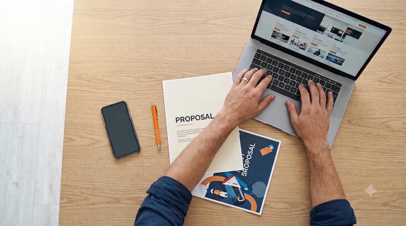 Zdjęcie typu flat lay przedstawiające dłonie układające smartfon, laptop oraz dokumenty ofertowe na jasnym biurku w minimalistycznej kompozycji przypominającej warsztat.