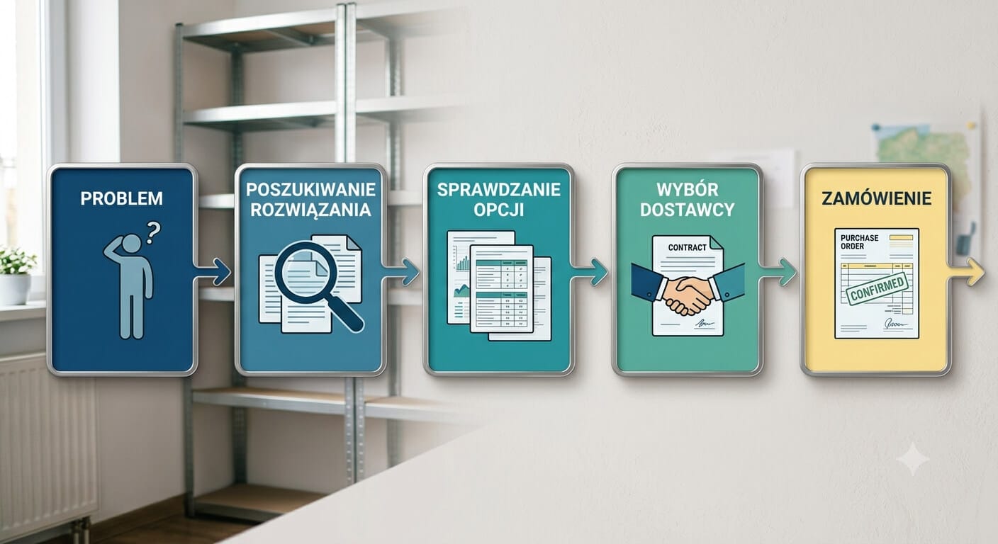 Diagram przedstawiający 5 etapów procesu zakupowego w B2B: Problem, Poszukiwanie rozwiązania, Sprawdzanie opcji, Wybór dostawcy oraz Zamówienie