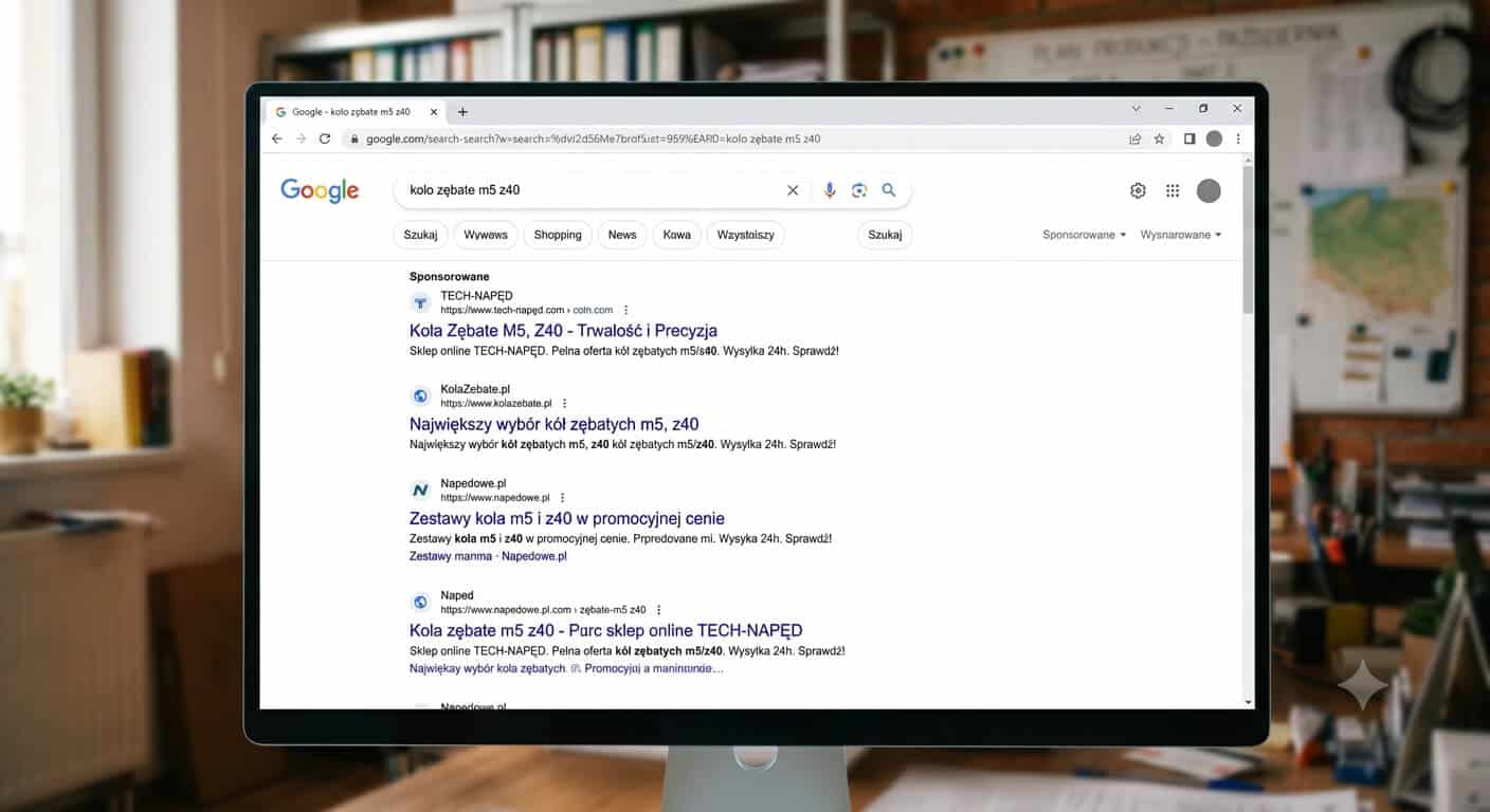 Ekran komputera z wynikami wyszukiwania Google dla technicznej frazy B2B